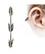 316L Stainless Steel Industrial Barbell with Golden Triple Tier Feathers - £11.74 GBP