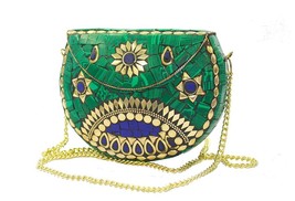 Women Antique Clutch Metal Mosaic style green Bag Stone - £60.21 GBP