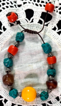 Adjustable Chinese Bracelet with Pressed Amber Ball Turquoise Agate &amp; Coral - £23.91 GBP