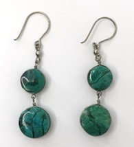 Green Polished Stone Dangle Drop Earrings Silver Tone Wire Wrapped - £11.02 GBP