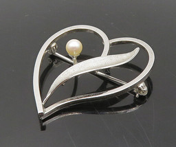 VAN DELL 925 Silver - Vintage Shiny Petite Pearl Floral Heart Brooch Pin- BP7689 - £27.62 GBP