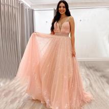 Blush Pink Shiny Spaghetti Straps V-neck A-line Long Prom Dress - £148.62 GBP