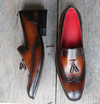 Handmade Men Cognac WingTip Leather Tassel Loafer Shoes, Men Designer Dress Shoe - £116.25 GBP+