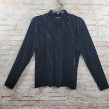 Christie &amp; Jill Womens Blouse Larg Black Gold Lines Velour Long Sleeve Mock Neck - $12.19