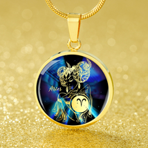 Aries Purple Galaxy Zodiac Necklace Stainless Steel or 18k Gold Circle Pendant - £34.14 GBP+