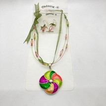 New Codeena Set Multi Color Flower Pendant Necklace Pierced Earring Beads Ribbon - £7.81 GBP