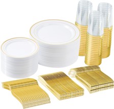 350PCS Gold Dinnerware Set Disposable Party Plates for 50 Guests Include 50 Dinn - £74.11 GBP