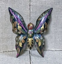 Hand Painted Black Wood Butterfly Decoration w Happy Face - $19.80