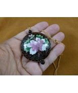 J518-3 Black pink flower 42mm round flat CLOISONNE disk 3D pendant 24&quot; n... - $28.97