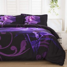 Purple Comforter Set Queen Reversible Purple Rose Pattern Printed Bedding Down - £40.80 GBP