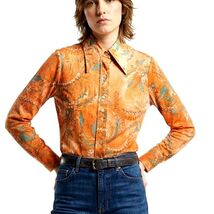 VTG 1970s Orange Turquoise Slinky Disco Shirt Nylon Acetate Large Collar... - $49.45