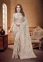 Designer Beige Heavy Resham Embroidery Work Sari Georgette Party Wear Saree - £69.66 GBP