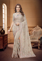 Designer Beige Heavy Resham Embroidery Work Sari Georgette Party Wear Saree - £70.28 GBP