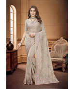 Designer Beige Heavy Resham Embroidery Work Sari Georgette Party Wear Saree - £69.95 GBP