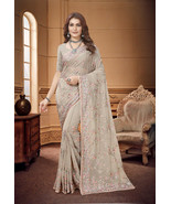 Designer Beige Heavy Resham Embroidery Work Sari Georgette Party Wear Saree - $88.95