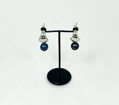 Black Pearl Convex Triangle Drop Earrings 925 Sterling Silver, Handmade Jewelry - $65.00