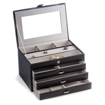 Black Leather 4 Level Jewelry Box with Multi Compartments - £142.01 GBP