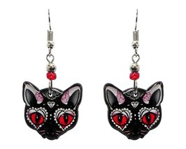 Day of the Dead Sugar Skull Cat Face Animal Graphic Dangle Earrings - Womens Fas - $17.81