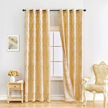 Elkca Jacquard Luxury Gold Curtains Drapes Window, Damask-Golden, 42&quot; W X 84&quot; L - £38.31 GBP
