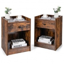 Set of 2 Nightstand with Drawer Cabinet End Side Table Raised Top-Brown ... - $2,979.75 MXN