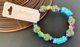 Bracelet: Double-stretch Elastic Duro Dipped Multi Colored Bead &amp; Turq Crystals - £2.39 GBP