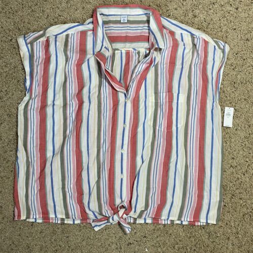 Old Navy Womens XXL White Blue Red Green Striped Tie Knot Front Top - $25.65