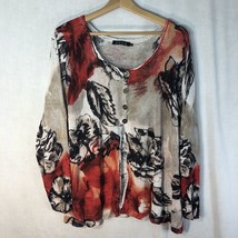 ZoZo Size 3x Beige Black Red Cardigan Sweater Linen Blend Abstract Leaves - £15.52 GBP