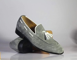 Handmade Men&#39;s Gray Suede Tassels Loafer Shoes, Men Designer Dress Formal Shoes - £115.63 GBP