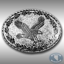 Vintage Belt Buckle American Bald Eagle Oval Flowers Border Western Filigree - £25.18 GBP