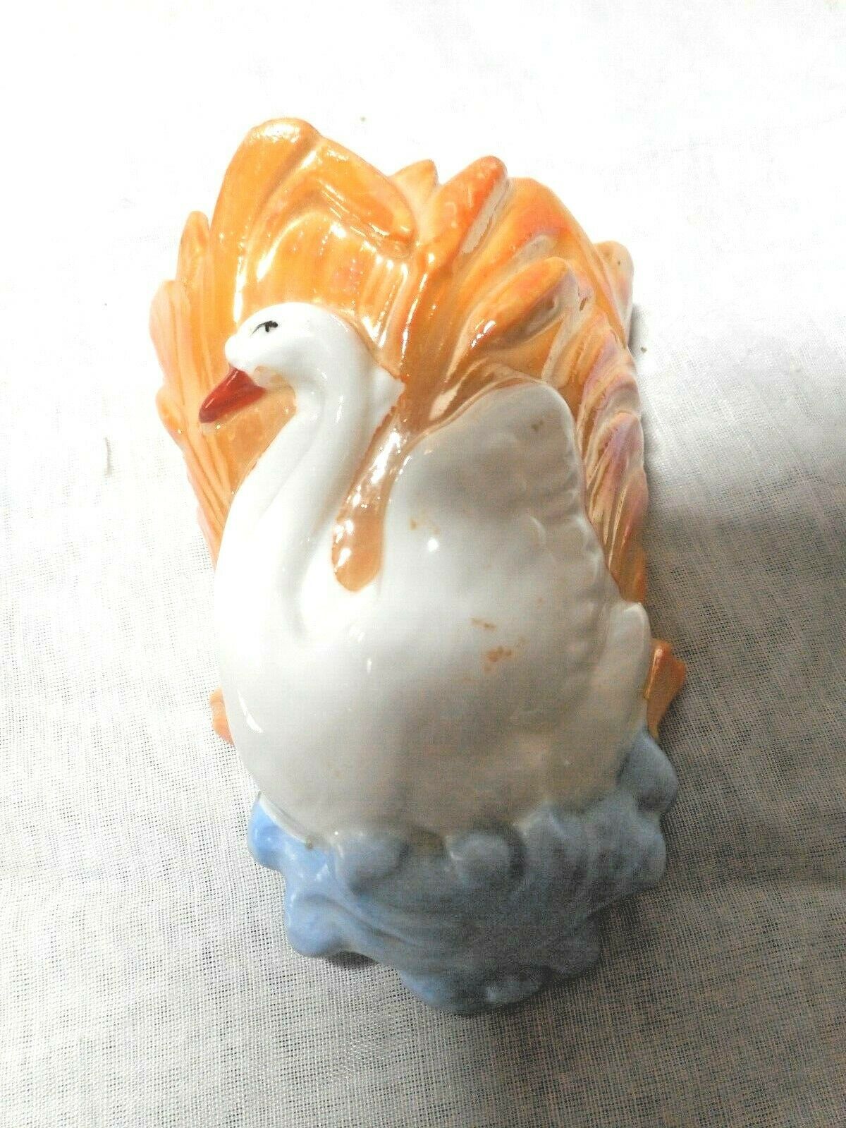 German Bisque SWAN Wall Pocket Orange Lusterware Dated 1910 Lovely Small Fowl - $28.49
