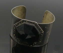 925 Sterling Silver - Vintage Black Hematite &amp; Marcasite Cuff Bracelet - BT6122 - £177.87 GBP