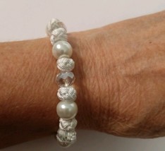 White Bracelet NO METAL  Faux Pearl and Clear Crystal Beads  New  Stretch Cord - £19.49 GBP