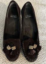 STUART WEITZMAN HEEL LOAFERS SHOES BROWN SUEDE TASSEL GOLD CHAIN SIZE 6 - £80.22 GBP