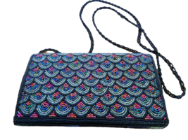 VTG Multi-Color Peacock Plume Seed Bead Clutch Purse Overlapping Circle ... - $29.99