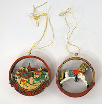 2 Christmas Ornaments Horse &amp; Peace On Earth Village 3.25&quot; Round Vintage 1975 - £15.14 GBP
