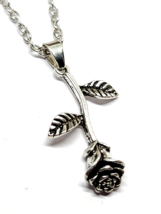 Rose Necklace Pendant Long Stem Flower Rose Pendant 18&quot; Chain Silver Plated Gift - £3.93 GBP