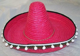 Large Tall Mexican Pink Straw Sombrero Hat With Hanging Tassels Mexico Wide Cap - £9.72 GBP
