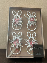 Tahari Home EASTER Bunny Rabbit Pearls White Pink Napkin Rings Set of 4 - £25.95 GBP