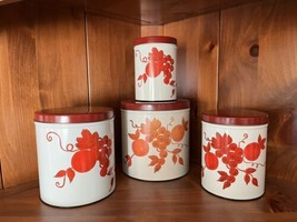 1950s Kitchen Canister Set of 4 | Farmhouse Decor Cranberry Red Stencil Painted - £30.07 GBP