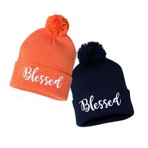 BLESSED Script Embroidered Cuffed POM Beanie Hat, Embroidered Gift, Wint... - $315.55 MXN