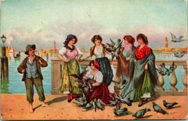 Vtg Postcard 1900s Painting - Feeding the Pigeons Vittorio Tessari - UNP - £4.62 GBP