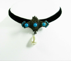BLACK RIBBON CHOKER Faux Pearl Teardrop, Blue Cabs NECKLACE Vintage Silv... - $16.99