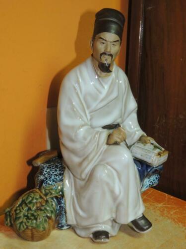 Chinese Mud Man/ Men Seated Scholar 9&quot; Rocks Books marked China mudman W... - $53.99