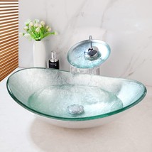 Art Silver Bathroom Oval Glass Vessel Sink Basin Combo Waterfall Faucet ... - £132.73 GBP