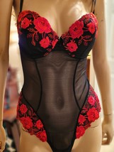 Vtg Sz M Secret Treasures Black/Red Underwire Teddy Romper Lace Hi Cut Thong - $24.74