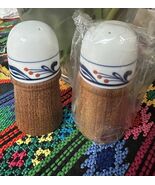 Dansk Salt &amp; Pepper Shaker Set Wood Porcelain Blue &amp; White MCM - $36.97