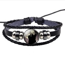 Black Cat Rope Bracelet Gothic Full Moon Jewelry Weave Multilayer Leather Bracel - £8.59 GBP