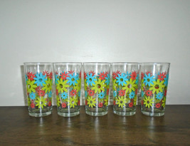 Flower Power Glass Tumblers Vintage Set of 5 Drinking Glasses Multicolor... - $39.60