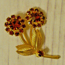 vintage brown faceted rhinestone flower brooch pin gold tone - $14.84
