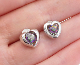 925 Sterling Silver - Shiny Petite Love Heart Mystic Topaz Stud Earrings- EG2118 - £20.46 GBP